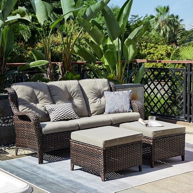 HUMMUH 6 Piece Patio Furniture Set PE Wicker Rattan 3-Seat Outdoor Sectional Sofa with Love Seats,Patio Swivel Chairs,Ottomans Conversation Sets for Garden, Poolside, Backyard