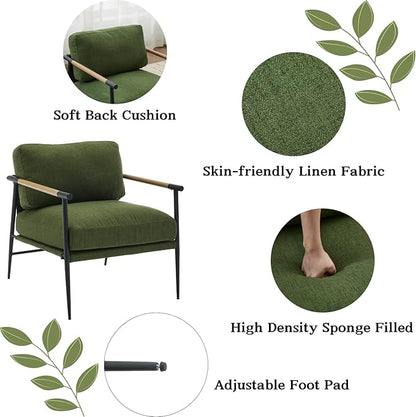 Mid-Century Accent Chair Set of 2, Soft Armchair Linen Fabric Lounge Chair with Black Metal Legs, Upholstered Leisure Chair for Living Room Reception Room, Green