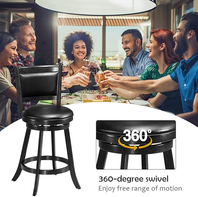 COSTWAY Bar Stools Set of 2, 360 Degree Swivel, Accent Wooden Swivel Back Counter Height Bar Stool, Fabric Upholstered Design, PVC Cushioned Seat (2 stools, Black 24'' Height)