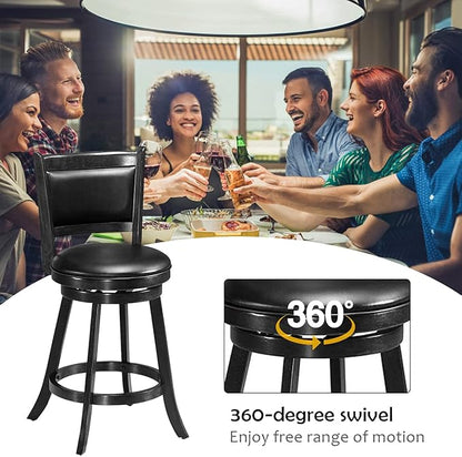 COSTWAY Bar Stools Set of 2, 360 Degree Swivel, Accent Wooden Swivel Back Counter Height Bar Stool, Fabric Upholstered Design, PVC Cushioned Seat (2 stools, Black 24'' Height)
