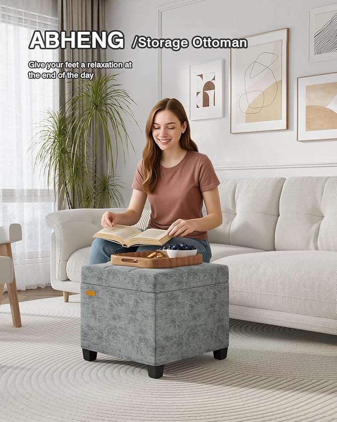 17.7 inches Chenille turfed Ottomans Cube with Legs, Metal-Framed Square Storage Ottoman Foot Rest Stool Holds 770 LB for Dorm Living Room Bedroom Gray UASN641G