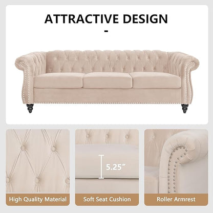 Home Sofa Living Room Furniture, 3 Seater 84" Velvet Upholstered Couch, Mid Century Modern Comfy Couch with Cushions, Classic Tufted Chesterfield Couches for Bedroom, Office, Apartment (Beige)