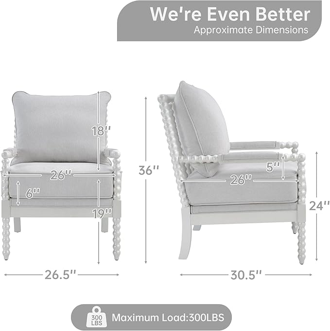 Morden Fort Linen Fabric Spindle Accent Chair with Wood Frame, French Style Accent Chairs with Padded Spring Seat and Armrest Pads, Brushed Base for Living Room Bedroom Farmhouse Office Balcony