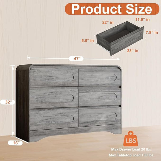 Dresser for Bedroom with 6 Drawers, 47" Wide Modern Dressers & Chest of Drawers with Curved Profile Design, Wood Closet Clothes Storage Dressers Organizer for Bedroom Living Room Hallway, Grey