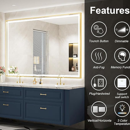 60X40 Inch Led Bathroom Mirror,Frontlit & Backlit Lighted Mirror,Gold Metal Frame Vanity Mirror for Wall,Double Lights Strips,Anti Fog Stepless 3 Colors Temperature & Dimmable