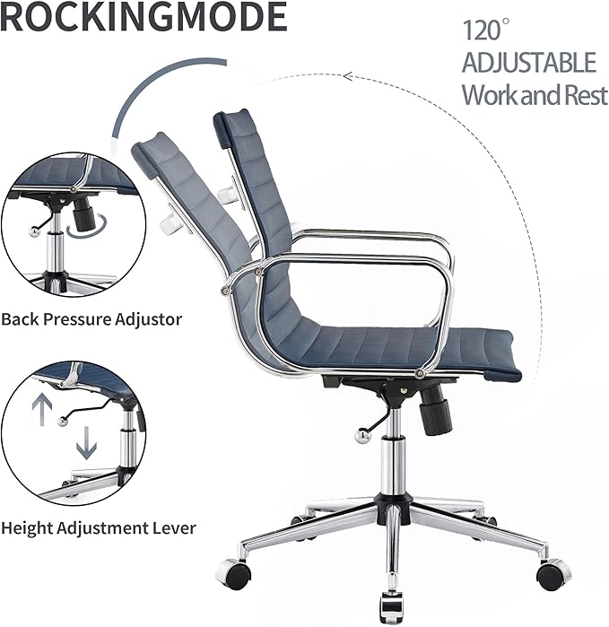 Office Desk Chair,Modern Conference Room Task Chairs,Leather Computer Swivel Excutive Ribbed Ergonomic Rolling Chair for Home Office Desk Chair （Navy）