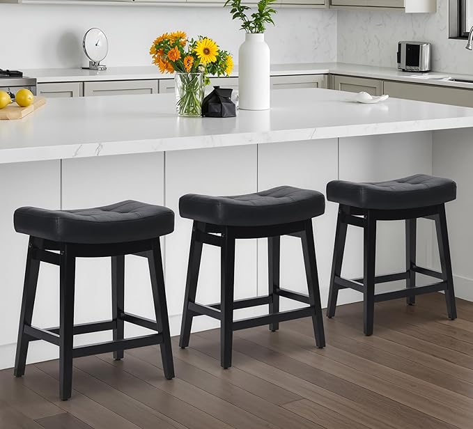 Counter Height Black Bar Stools Set of 3 for Kitchen Counter Farmhouse Modern Barstools with Faux Leather Upholstered Backless Seat and Solid Wood Legs 24 inch Bar Chairs