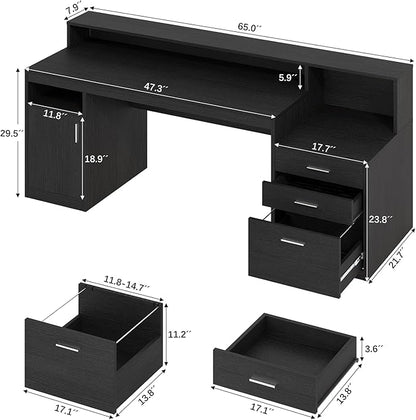 Computer Desk with 3 Drawer & Storage Shelves, Home Office Desk with File Drawer & Cabinet, Writing Study Table with Long Monitor Stand & Printer Shelf, Executive Desk, Black