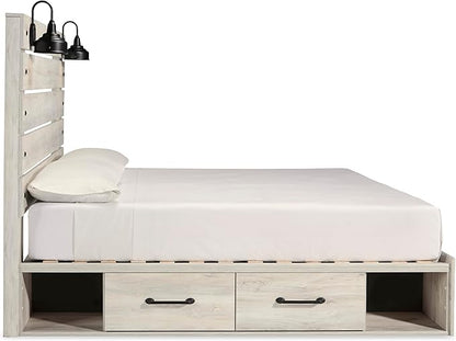 Signature Design by Ashley Cambeck Farmhouse King Panel Platform Bed with 4 Storage Drawers, Cubbies, Sconce Lights and USB Ports, Foundation or Box Spring Not Needed, Whitewash
