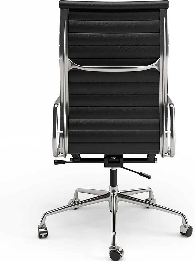 High Back Genuine Leather Ribbed Office Chair-Ergonomic Desk Chair with Aluminum Alloy Armrest & Frame, Swivel Silent Wheels & Tilt Function, Adjustable Height