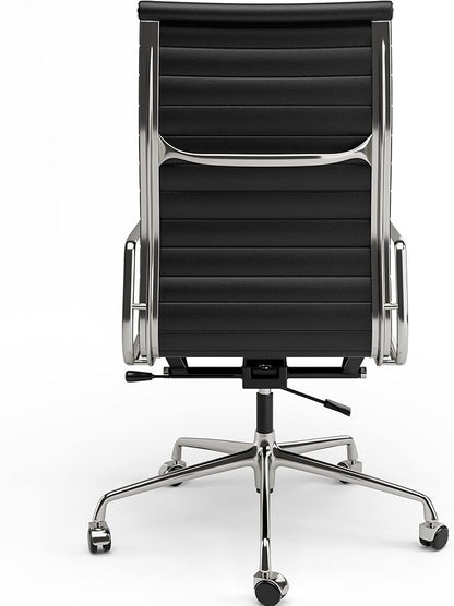 High Back Genuine Leather Ribbed Office Chair-Ergonomic Desk Chair with Aluminum Alloy Armrest & Frame, Swivel Silent Wheels & Tilt Function, Adjustable Height