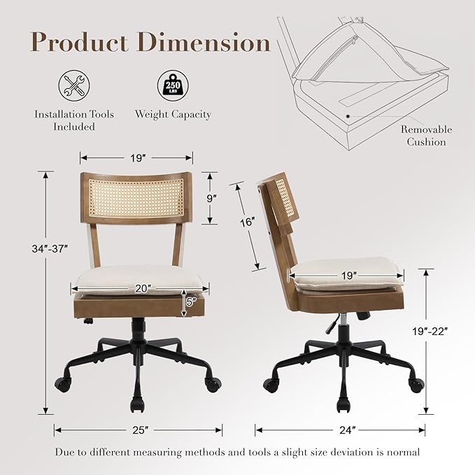 Home Office Desk Chair with Wheels, Ergonomic Computer Task Chair with Rattan Back, Adjustable Height Armless Swivel Chair with Removable Cushion for Small Space, Light Brown