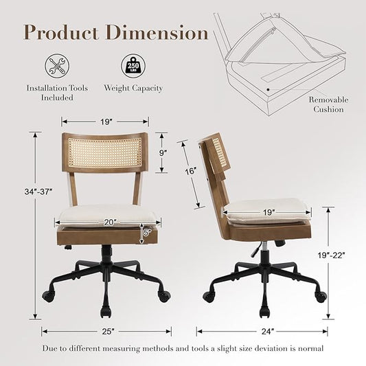 Home Office Desk Chair with Wheels, Ergonomic Computer Task Chair with Rattan Back, Adjustable Height Armless Swivel Chair with Removable Cushion for Small Space, Light Brown