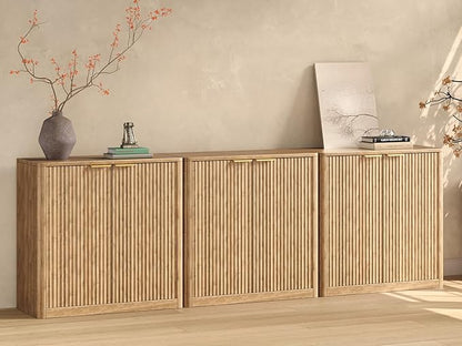 Evermagin 94.5" Oak Buffet Cabinet with Storage, Large Sideboard Cabinet, Boho Accent Credenza, Fluted Console Table with Doors for Dining Room, Kitchen, and Living Room