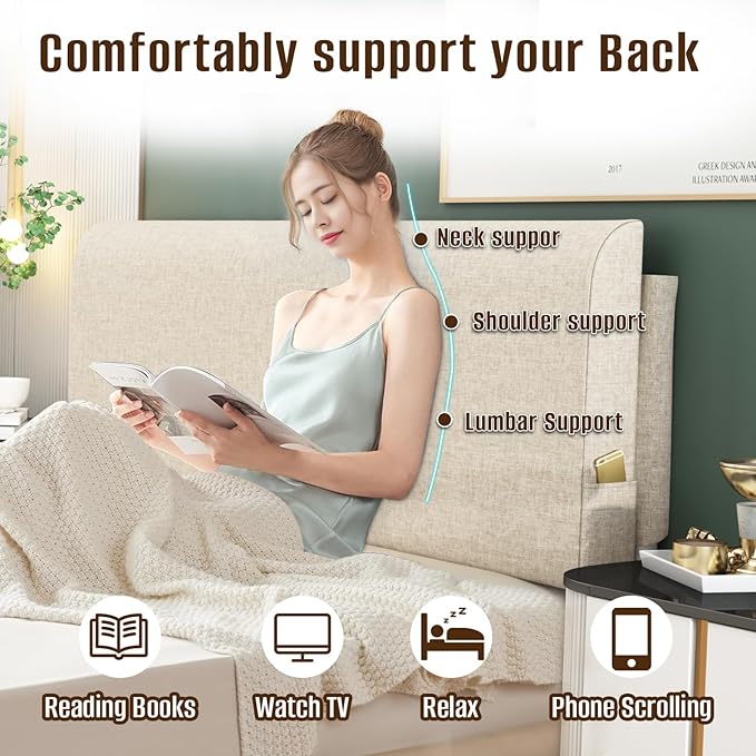 Upholstered Full Headboard, No Tools Needed, Wall Mounted Headboard with Removeable Washable Linen, Multi-Functional Backrest (Beige)