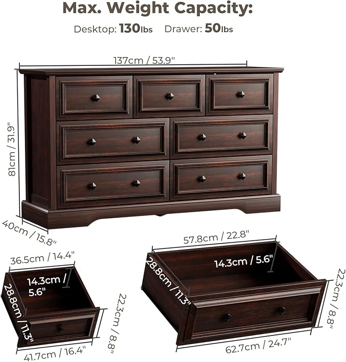 Farmhouse 7 Drawer Dresser for Bedroom, 54" Wide Wooden Dresser with Natural Texture & Vintage Metal Knobs, Large Chest of Drawers for Bedroom, Living Room, Hallway, Cherry