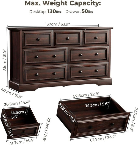 Farmhouse 7 Drawer Dresser for Bedroom, 54" Wide Wooden Dresser with Natural Texture & Vintage Metal Knobs, Large Chest of Drawers for Bedroom, Living Room, Hallway, Cherry