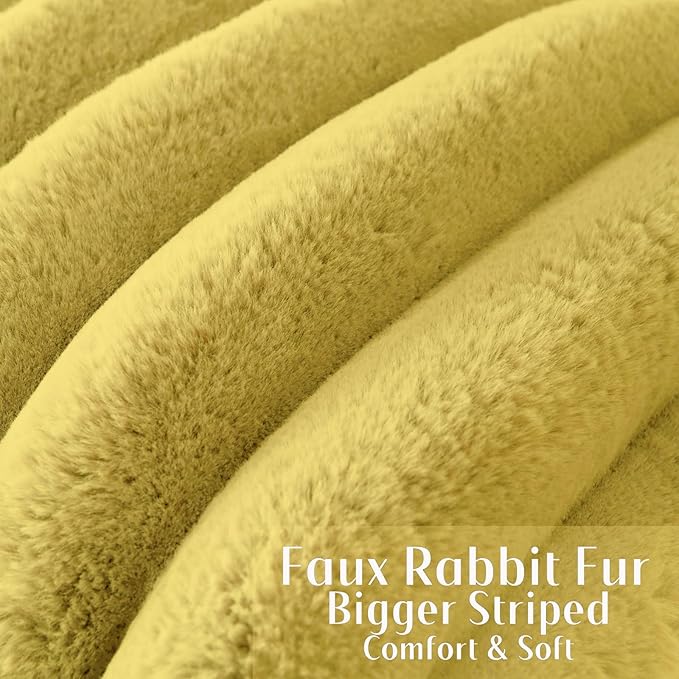 FUTEI Mustard Yellow Decorative Throw Pillow Covers 20x20 Inch Set of 2, Square Soft Faux Rabbit Fur Big Striped Cushion Cover,Home Decor for Couch Sofa Bed Living Room