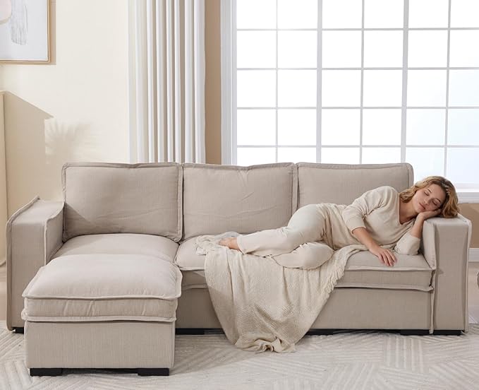 EALSON 67" Sectional Couch Modern Love Seat with Ottoman Modular Cloud Sofa with Deep Seat Comfy Linen Fabric Loveseat Sofa Convertible L Shaped Couches 2 Seater Couch for Living Room/Bedroom,Oatmeal