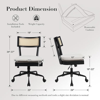 Home Office Desk Chair with Wheels, Ergonomic Computer Task Chair with Rattan Back, Adjustable Height Armless Swivel Chair with Removable Cushion for Small Space, Black