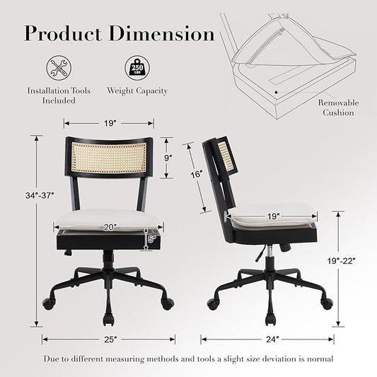 Home Office Desk Chair with Wheels, Ergonomic Computer Task Chair with Rattan Back, Adjustable Height Armless Swivel Chair with Removable Cushion for Small Space, Black