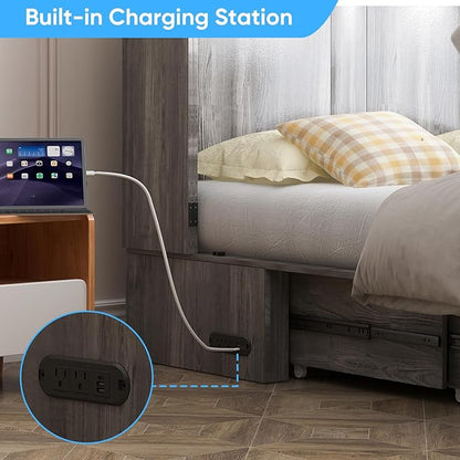 Mjkone Murphy Bed, Cabinet Murphy Bed with Tri-Fold Memory Foam Mattress, Farmhouse Wooden Cabinet Beds with USB Charging Station and 2 Storage Drawers for Bedroom/Office/Guest Room-Gray, Queen