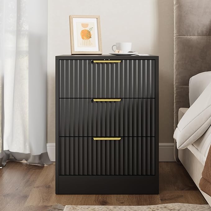 3-Piece Modern Bedroom Furniture Set, Wide 9-Drawer Dresser & 3-Drawer Nightstands Set of 2, Natural Wood Dresser and Nightstand Sets for Bedroom, Hallway, Black