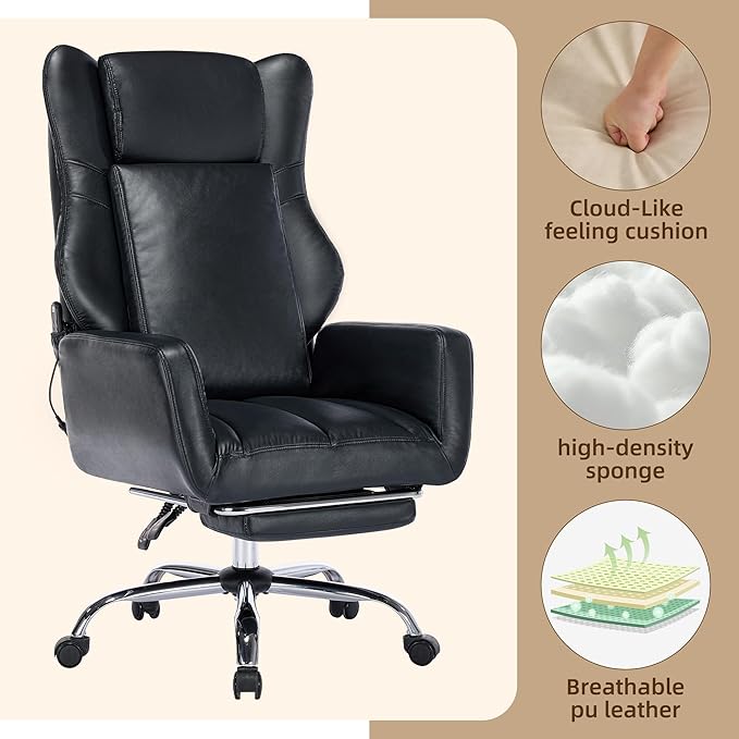 DYHOME Black Leather Office Chair with Massage and Footrest, Heavy Duty Task Desk Chairs Swivel Ergonomic Computer Gaming Chairs with Lumbar Support, Wheels Flip-up Arms Adjustable Height