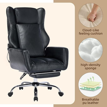 DYHOME Black Leather Office Chair with Massage and Footrest, Heavy Duty Task Desk Chairs Swivel Ergonomic Computer Gaming Chairs with Lumbar Support, Wheels Flip-up Arms Adjustable Height