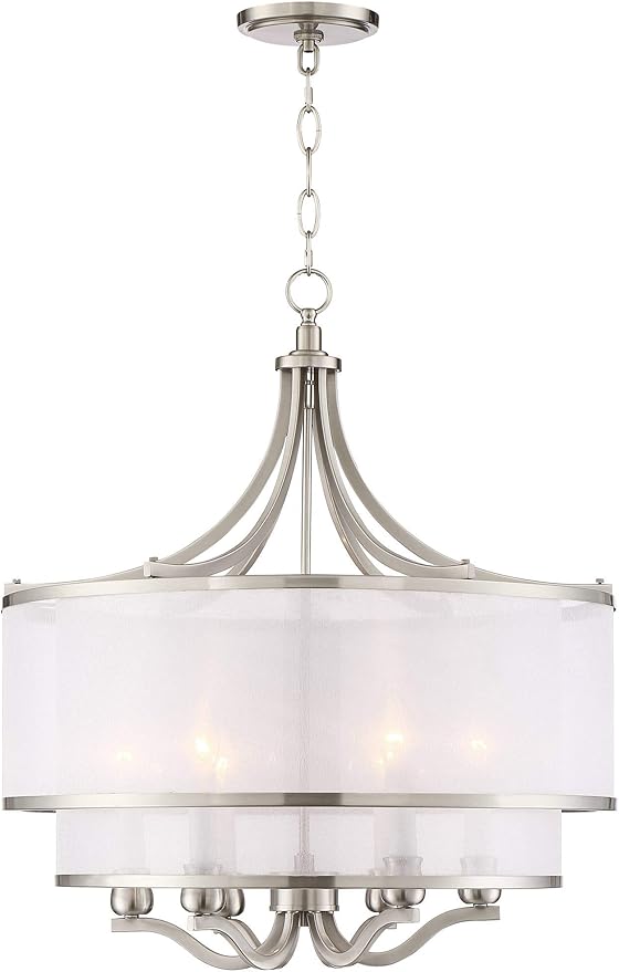 Possini Euro Design Luxe Nickel Pendant Light - 6 Light, Brushed Nickel Finish, White Organza Shade, Luxe Modern Pendant for Kitchen Islands, Dining Rooms, and Living Rooms - 26" Wide, 23" High