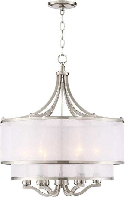 Possini Euro Design Luxe Nickel Pendant Light - 6 Light, Brushed Nickel Finish, White Organza Shade, Luxe Modern Pendant for Kitchen Islands, Dining Rooms, and Living Rooms - 26" Wide, 23" High