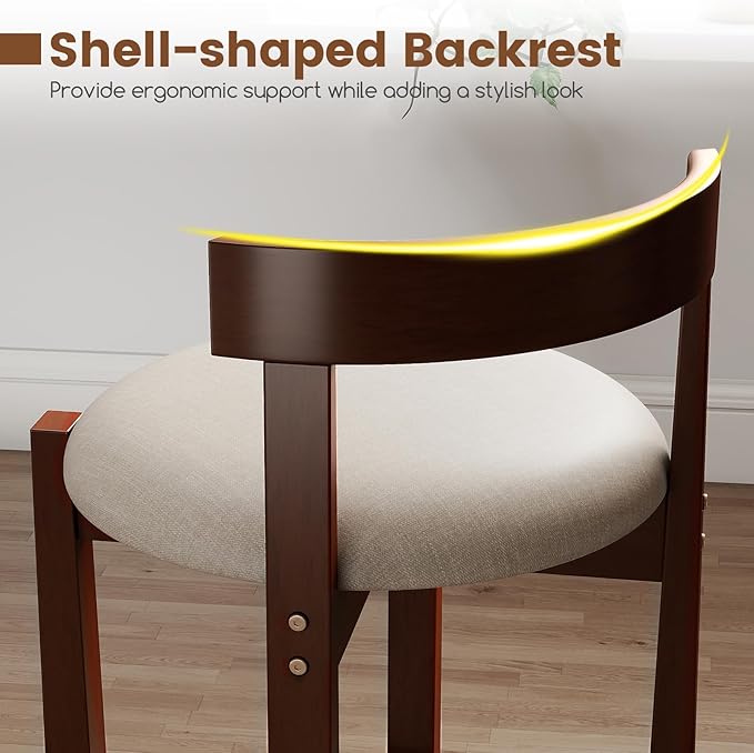 COSTWAY 24” Counter Height Bar Stools Set of 2, Linen Upholstered Bar Chairs with Backrests and Footrests, Wood High Barstools for Kitchen Island and Dining Room (Walnut)