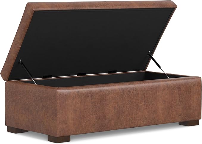 SIMPLIHOME Gabbie 48 inch Wide Contemporary Rectangle Rectangular Storage Ottoman in Distressed Saddle Brown Vegan Faux Leather, Assembled, for The Living Room, Entryway and Family Room