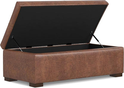 SIMPLIHOME Gabbie 48 inch Wide Contemporary Rectangle Rectangular Storage Ottoman in Distressed Saddle Brown Vegan Faux Leather, Assembled, for The Living Room, Entryway and Family Room