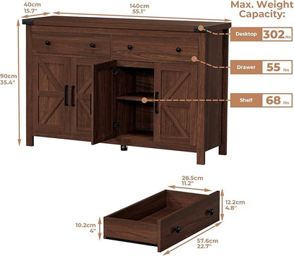 Buffet Cabinet with Storage Farmhouse with 4 Doors and 2 Drawers, 55'' Large Kitchen Storage Cabinet Cherry Wood Coffee Bar Buffet Sideboard for Kitchen, Dining Room, Living Room