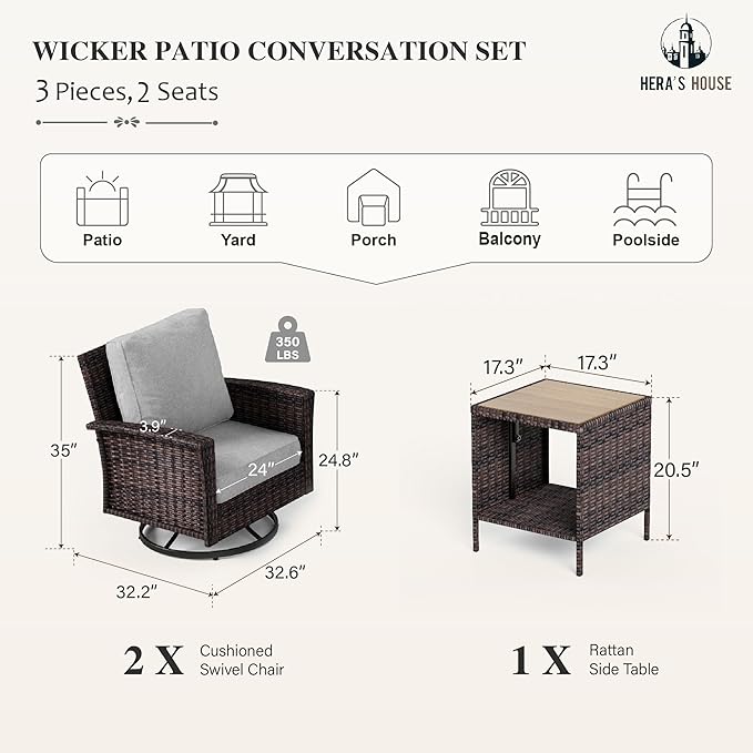 HERA'S HOUSE Outdoor Furniture, High Back Wicker Patio Swivel Chairs with Rattan Table for Deck Balcony Lawn Garden, Grey