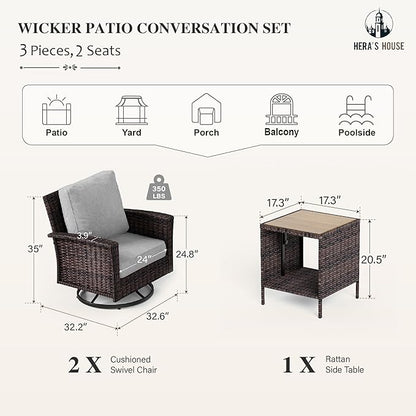 HERA'S HOUSE Outdoor Furniture, High Back Wicker Patio Swivel Chairs with Rattan Table for Deck Balcony Lawn Garden, Grey