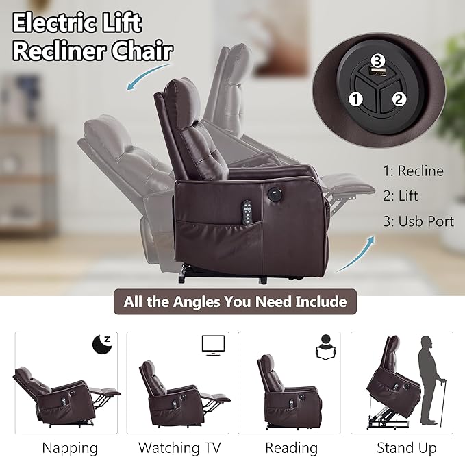 PELUMY Manual Lift Recliner Chair with Massage and Heat for Elderly, Single Motor Electric Lift Chair, Heavy Duty Recliner with USB Charging & Side Pockets (Breathable Leather, Brown)