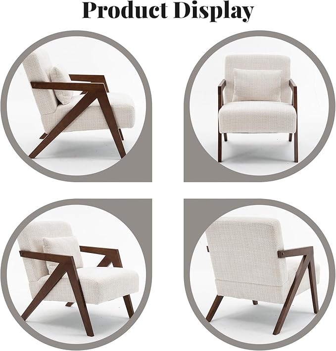 Mid-Century Modern Accent Chair Set of 2 with Solid Wood Frame，Upholstered Chenille Living Room Arm Chairs with Pillow for Bedroom, Living Room, Reading Room, Balcony, Beige
