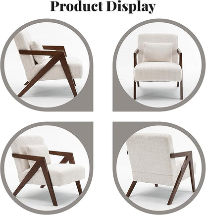 Mid-Century Modern Accent Chair with Solid Wood Frame，Upholstered Chenille Living Room Arm Chairs with Pillow for Bedroom, Living Room, Reading Room, Balcony, Beige