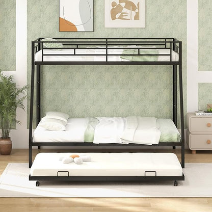 Giantex Twin Over Full Bunk Bed with Trundle, Heavy-Duty Metal Triple Bunk Beds w/Two Side Ladders & Safety Guard Rail, 3 in 1 Bunk Beds for Kids Teens, No Box Spring Needed, Black