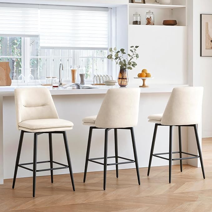 Beige Counter Height Bar Stools Set of 3, 26 Inch Seat Height with Back and Metal Legs, 360° Swivel Upholstered Faux Leather Swivel Bar Stools