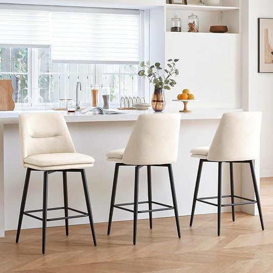 Beige Counter Height Bar Stools Set of 3, 26 Inch Seat Height with Back and Metal Legs, 360° Swivel Upholstered Faux Leather Swivel Bar Stools