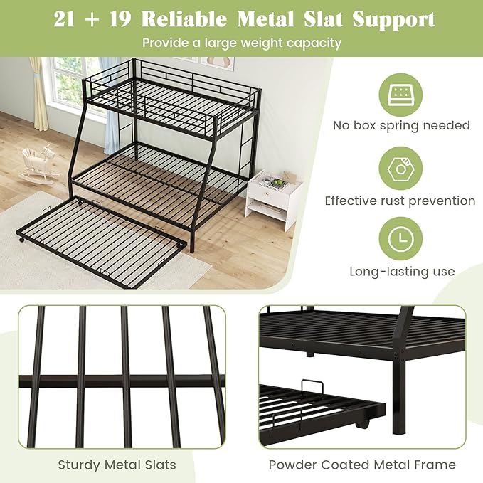Giantex Twin Over Full Bunk Bed with Trundle, Heavy-Duty Metal Triple Bunk Beds w/Two Side Ladders & Safety Guard Rail, 3 in 1 Bunk Beds for Kids Teens, No Box Spring Needed, Black