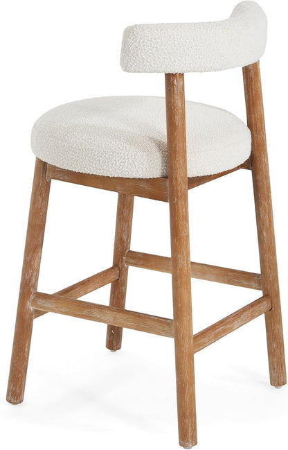 Christopher Knight Home Annes Counter Height Bar Stools Set of 2, Boucle Fabric Round Bar Stool for Kitchen Island, Wooden Dining Room Chair, Counter Stool with Footrest, Natural+Milky White