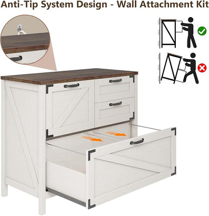 Lateral File Cabinet with 4 Drawers Farmhouse File Cabinet for Letter/Legal/A4 Size Hanging Files, Large Wood File Storage Cabinets Printer Stand for Home Office Cabinet, Rustic White