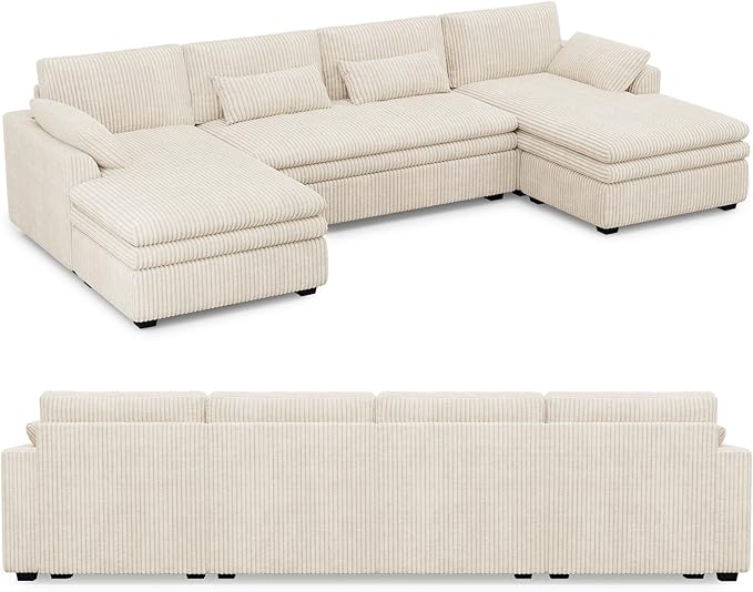 Belffin Large Modular Sectional Sofa with Double Deep Chaise, 135" Corduroy U Shaped Sectional Couch with 9" Soft Dual-Layer 6 Seats U Shaped Couch for Living Room, Apartment, Beige