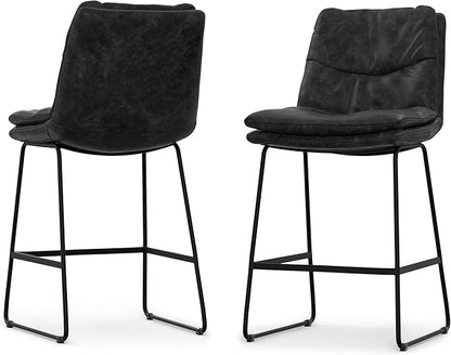 SIMPLIHOME Danika Counter Stools (Set of 2) - 24 Inch Seat Height Upholstered Metal Kitchen Seats in Distressed Charcoal Grey Vegan Faux Leather, Mid Century Seating with Tufted Design and Footrest