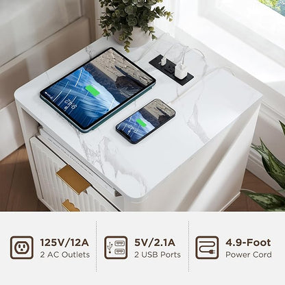T4TREAM Fluted Nightstand with Charging Station, 18" Modern Side Table with Faux Marble Top, 2 Drawers End Table w/Storage, Bedside Table for Bedroom, Living Room, Curved Profile Design, Solid White