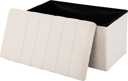 Seville Classics Cushioned Fabric Ottoman Hidden Storage Chest Footrest Chair, Padded Seat for Bedroom, Dorm, Loft, Living Room, Entryway, Hallway, White Boucle, 30" Bench